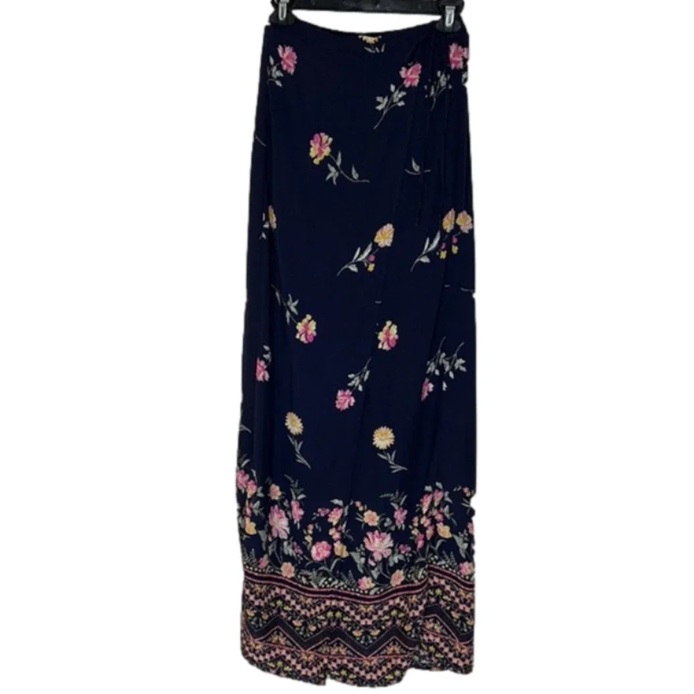 Blue Rain Navy With Pink & Yellow Flowers Faux Wrap Maxi Skirt - Size Medium